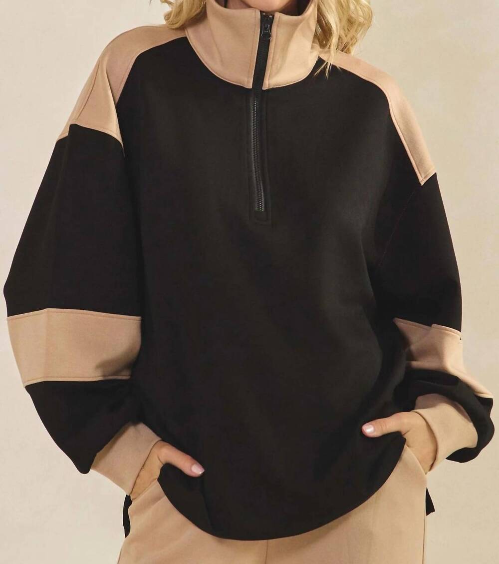 NEW YELETE color block quarter zip top in black/beige